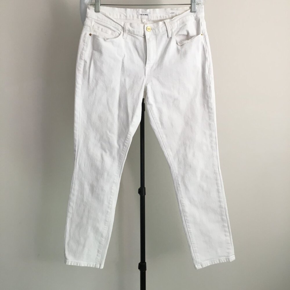 FRAME Denim Le Garcon Blanc 5 Pocket Logo Hardware Jeans